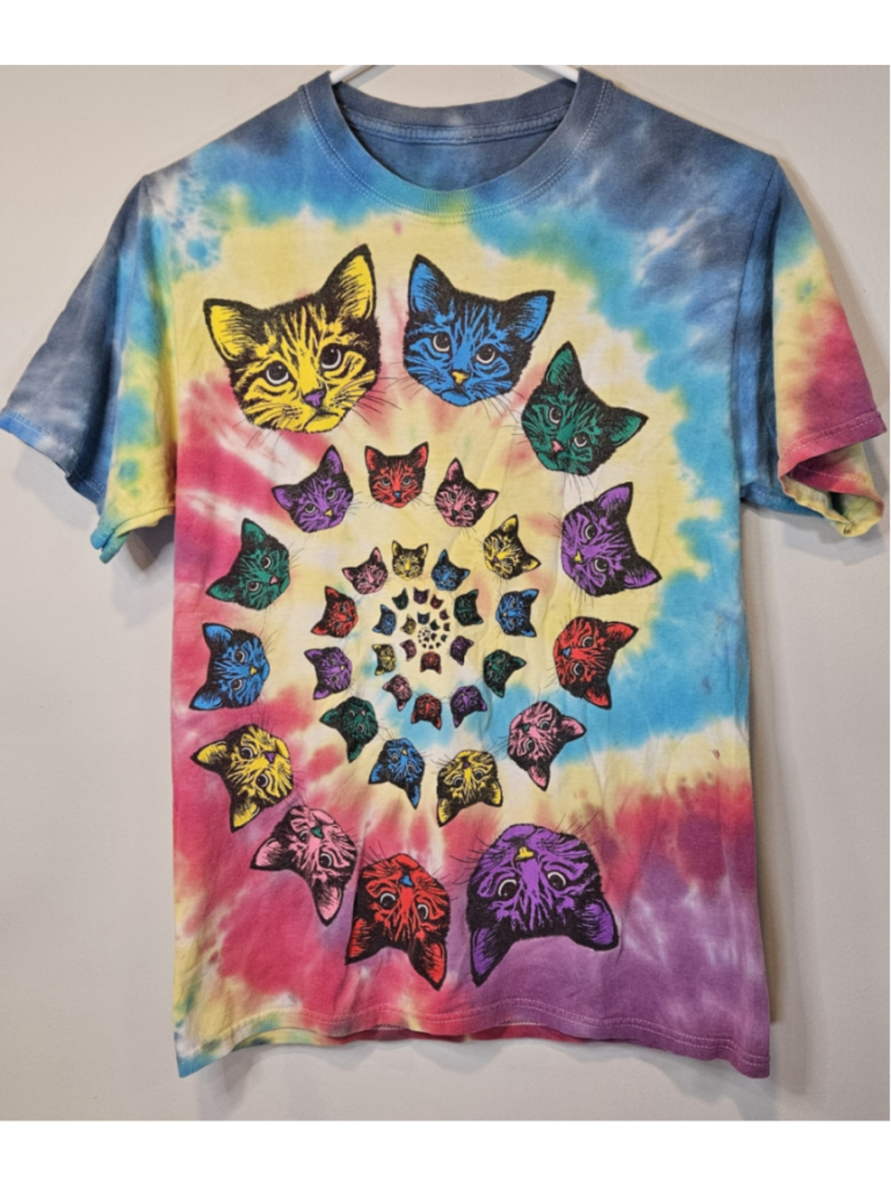 Psychedelic Cat Spiral Tie Dye T Shirt Small Rainbow Kitten Graphic Tee